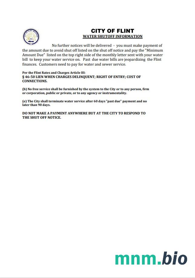 USA City of Flint Michigan woda rachunek za media zawiadomienie o wyłączeniu, szablon Word i PDF, Wersja 2
